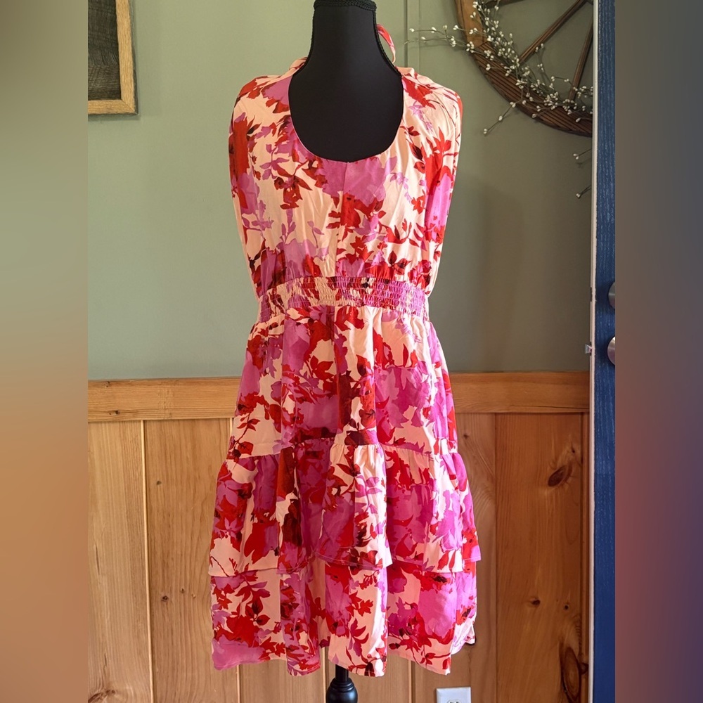PrettyGarden Halter Floral Pink & Red Sleeveless Tiered Sundress size L NWT